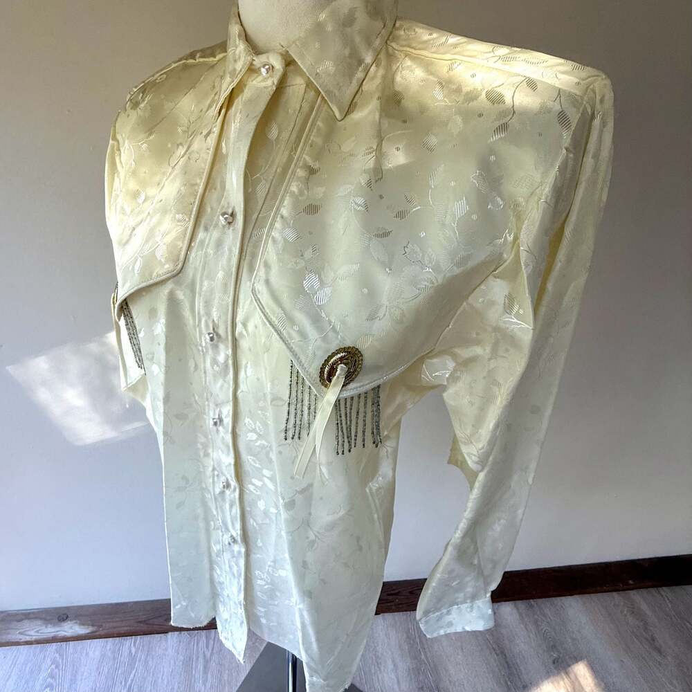 Vintage Ivory Damask Western Button Up Shirt with Beaded Fringe